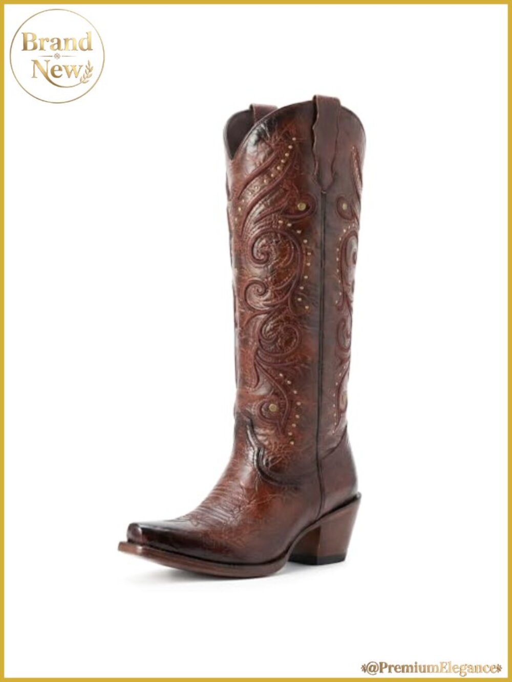 Knee High Cowboy Boots Embroidered Pointed Toe Side Zipper Chunky Heel